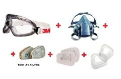 3M 2890SA  G.GÖZLÜK+7502 YARIM YÜZ MASKE+6051 A1 FİLTRE+5911 P1 PED+ 501 FİLTRE TUTUCU KAPAK