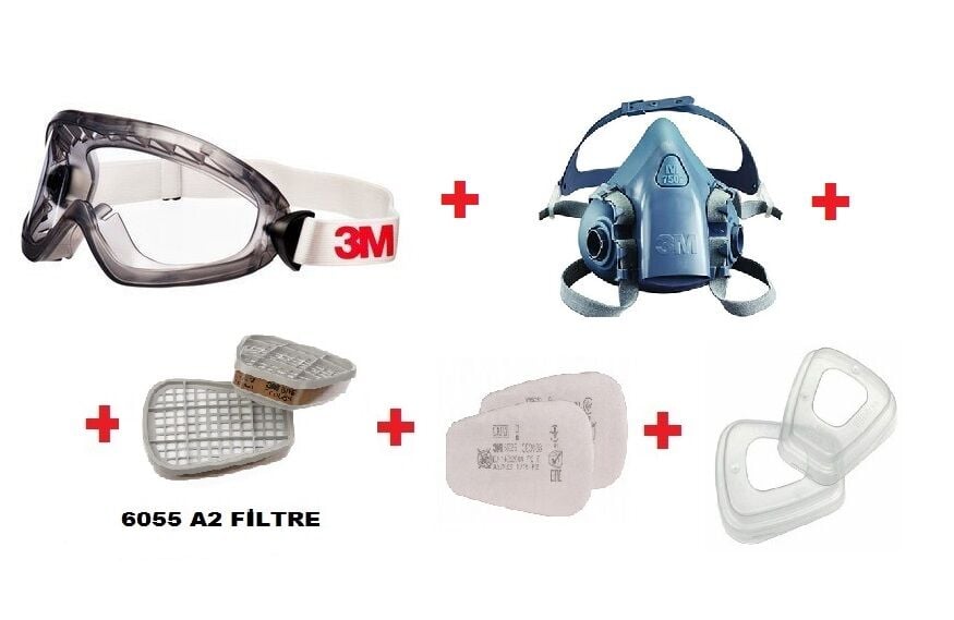 3M 2890SA  G.GÖZLÜK+7502 YARIM YÜZ MASKE+6055 A2 FİLTRE+5925 P2 PED+ 501 FİLTRE TUTUCU KAPAK
