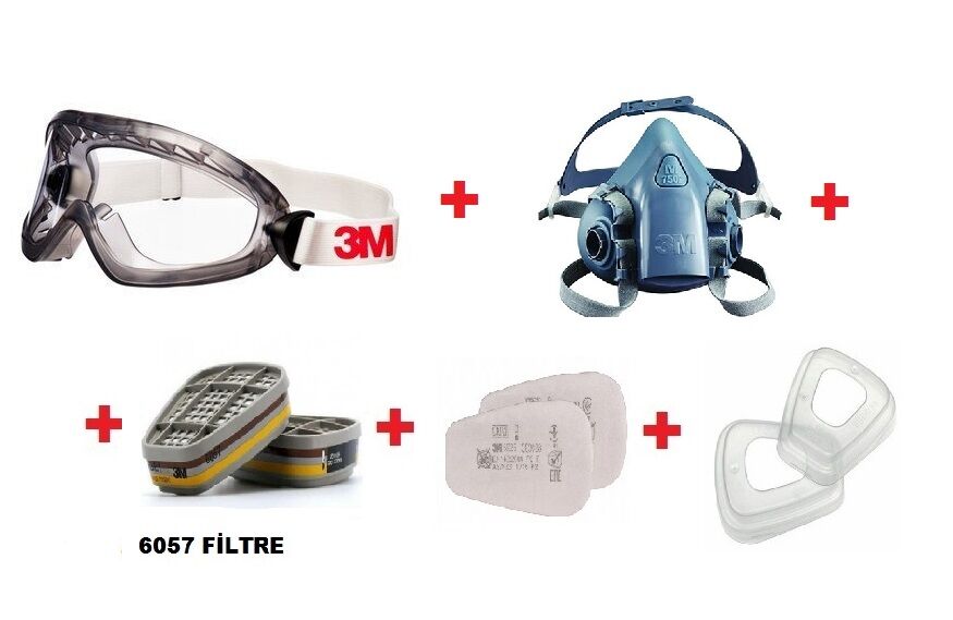 3M 2890 SA G.GÖZLÜK+7502 YARIM YÜZ MASKE+6057 ABE1 FİLTRE+5911 P1 PED+ 501 FİLTRE TUTUCU KAPAK