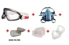 3M 2890 S G.GÖZLÜK+7502 YARIM YÜZ MASKE+6059 ABEK1 FİLTRE+5911 P1 PED+ 501 FİLTRE TUTUCU KAPAK