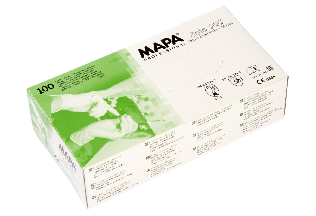 Mapa Solo 997 Nitril Eldiven (10 MİKRON MAVİ NTİRİL 100'lü PAKET)(L BEDEN)