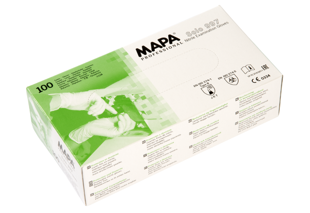 Mapa Solo 997 Nitril Eldiven (10 MİKRON MAVİ NTİRİL 100'lü PAKET)(L BEDEN)